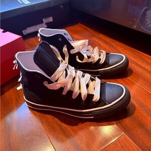 Black High-Top Canvas Sneakers with Pink Satin Ribbon Laces